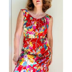 Vintage Andrade Womens Hawaiian Dress Size Sm4-6 Red Floral Tropical Print Maxi